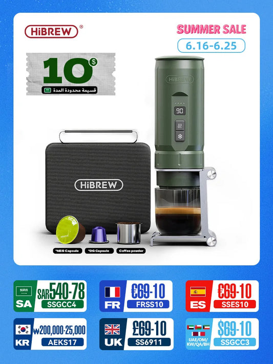 HiBREW Portable Espresso Coffee Machine for Car & Home Camping Coffee Maker Fit Nespresso Dolce Capsule Powder H4C