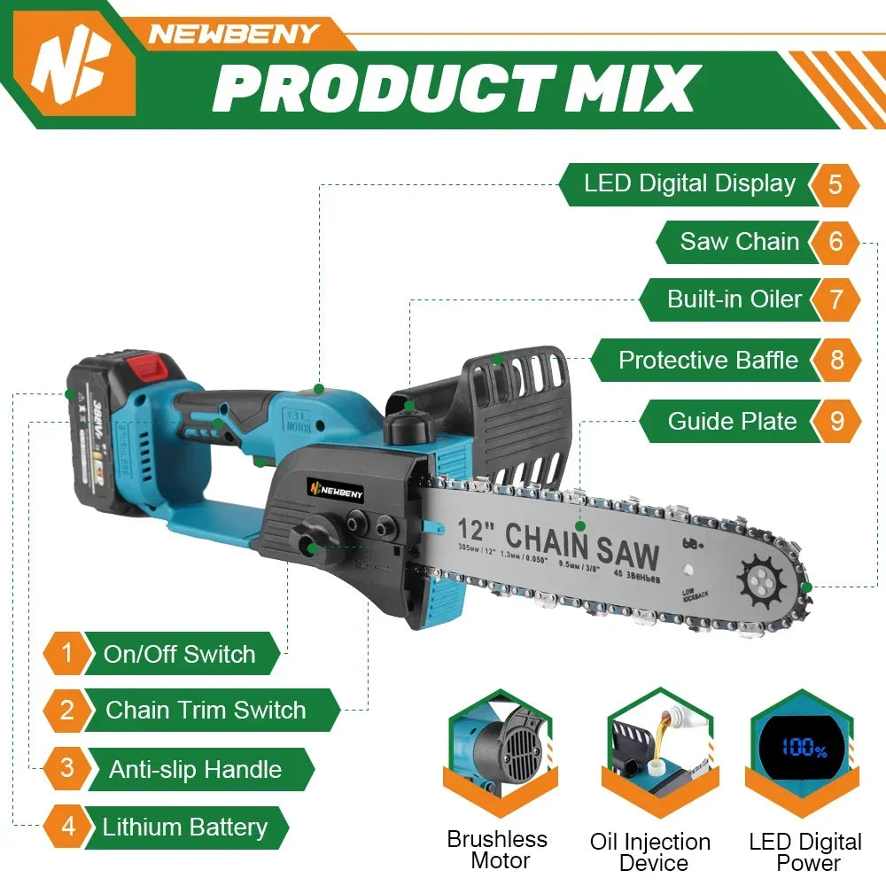 12 Inch Cordless Brushless Electric Chainsaw 18000RPM  Rechargeable Garden Wood Cutting Logging Saw For Makita 18V Battery Pin