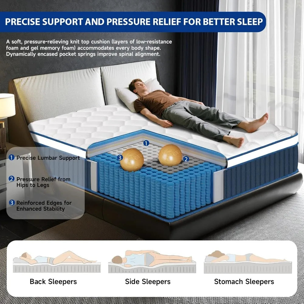 King Mattress 14 Inch, Hybrid King Size Mattress in a Box, Gel Memory Foam Mattress with Pocket Springs, Medium Firm Feel