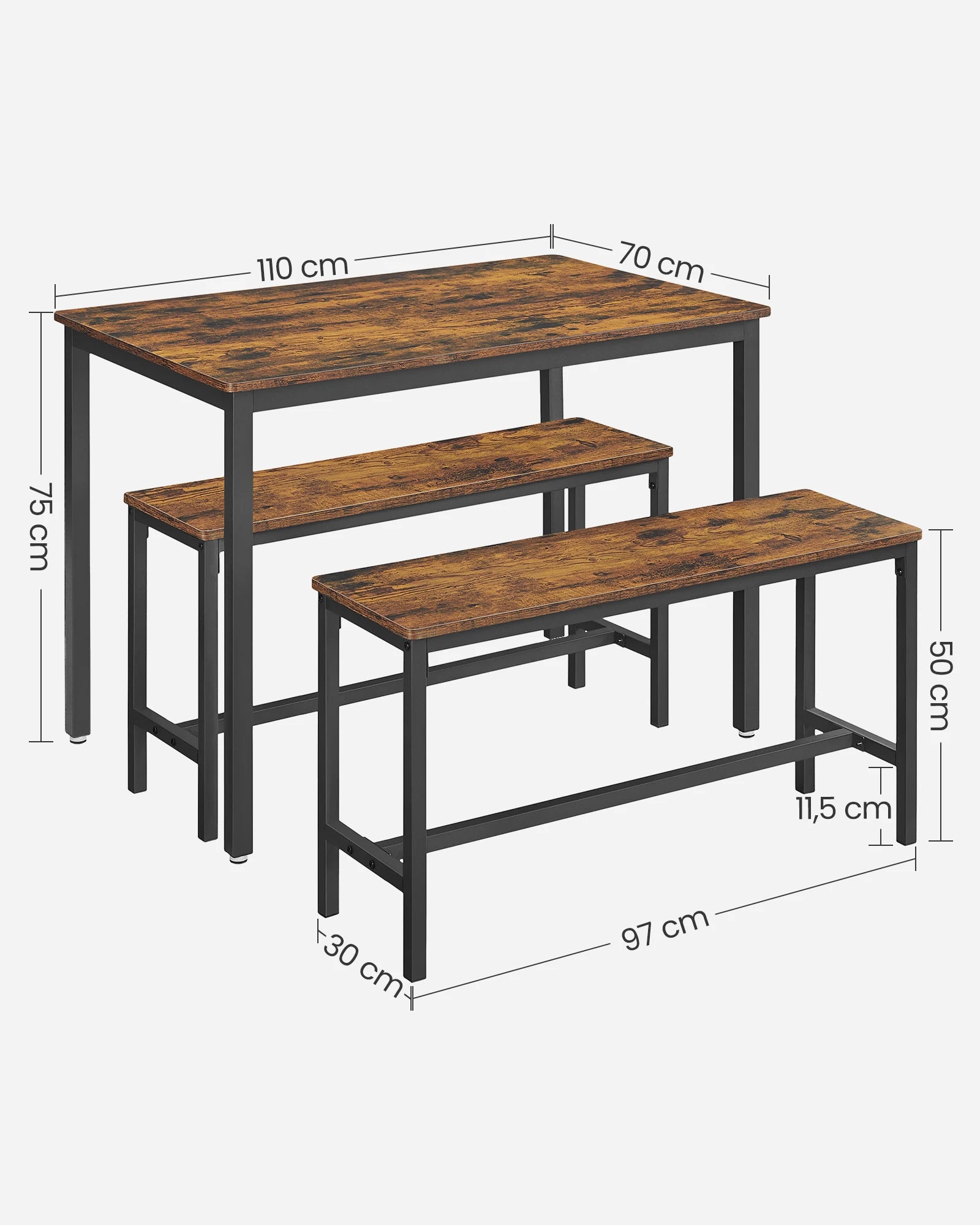 VASAGLE Dining Group, (set, 3 PCs), Kitchen Table 70x110x75 cm, 2 benches each 30x97x50 cm