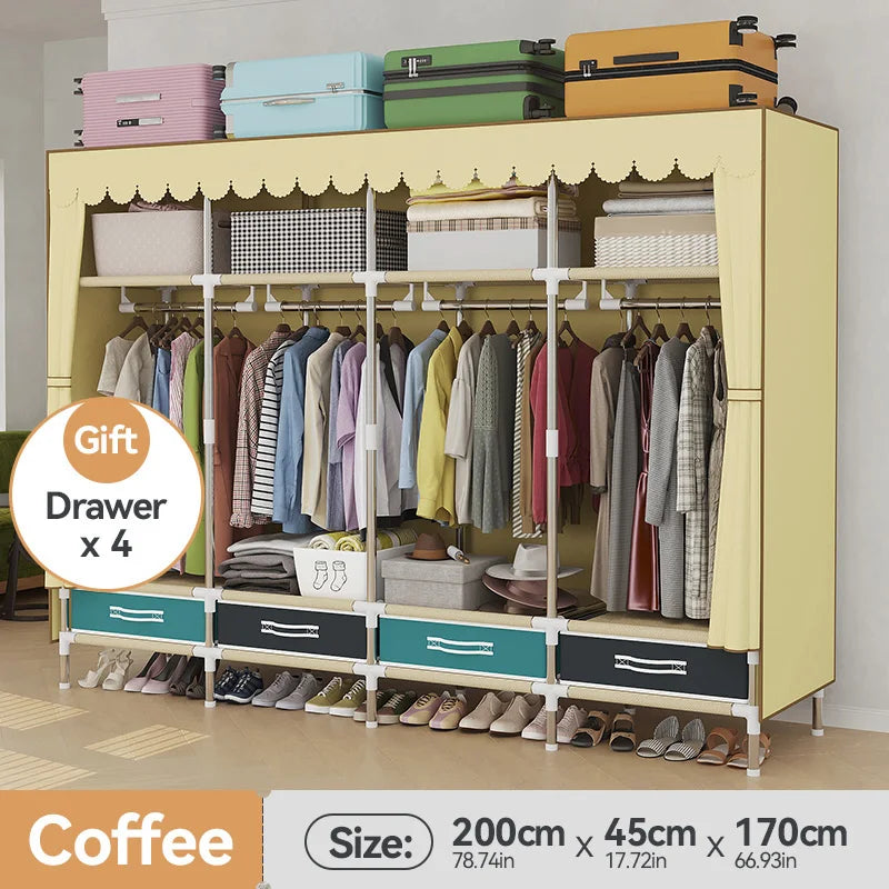 1 Piece of Simple and Modern Wardrobe, with Solid Color Curtain Door Curtain, Slide Rail, Assembly Rental, Economical, Sturdy, Durable, All-Steel Frame, Multi-Interface Fixed Home Storage Wardrobe, Suitable for Bedroom