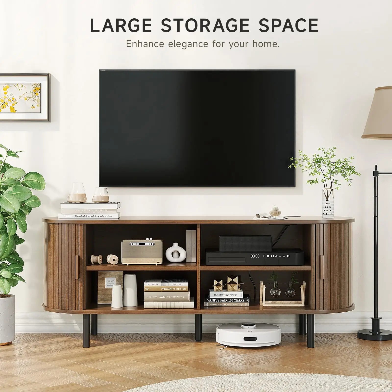 TV Stand with Power Outlet & Sliding Doors