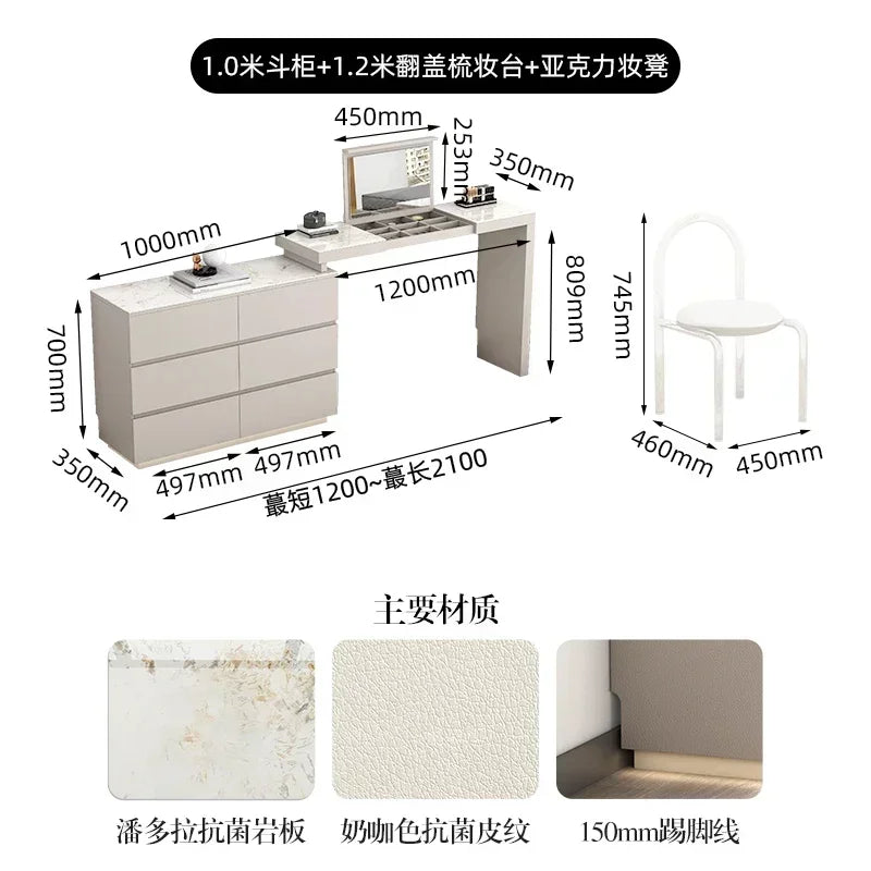 Minimalist bedroom dresser, storage cabinet, retractable bedside chest of drawers, dressing table, folding mirror