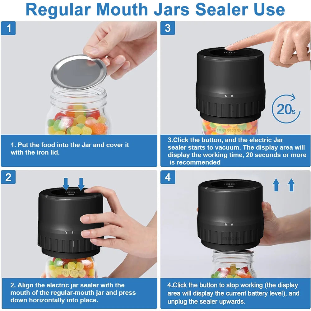 Electric Jar Vacuum Sealer Kit for Food Storage 1200mAh Vacuum Sealing Machine for Wide Mouth and Regular Mouth Jars