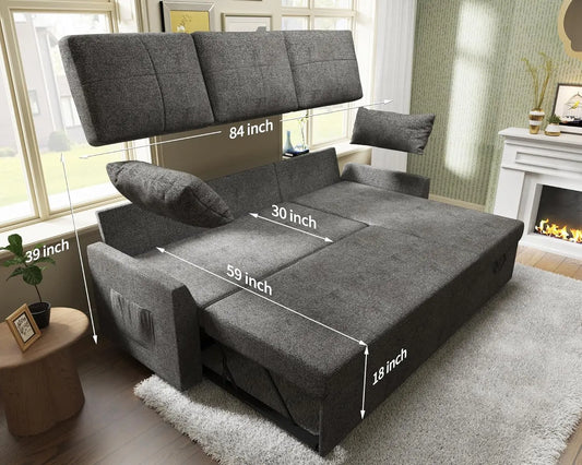 Grey Linen Sleeper Sofa / Sofa Bed - 2-in-1 Pull Out Couch w/ Storage Chaise, Living Room | AlluCanFind