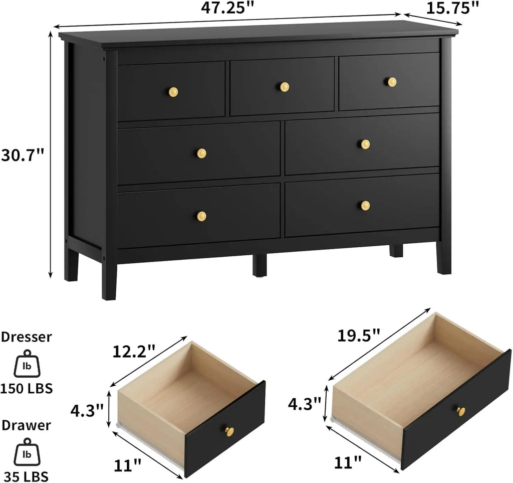 7 Drawers Dresser for Bedroom, Black Dressers & Chests of Drawers with Gold Handles and 7 Large Drawer, Wooden Storage Cabinet