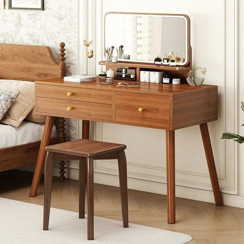 Minimalist Retro Dressers for Bedroom Walnut Color Dressing Tables with Mirror Chair Makeup Dresser Vanity Bedroom Furniture2025