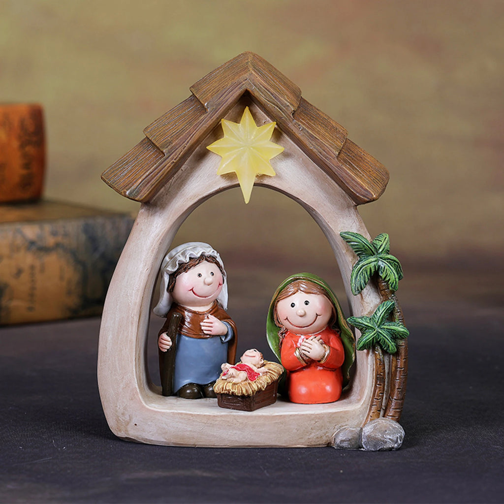 12Pcs Christmas Nativity Figurines with Light Resin Holy Family Birth of Jesus for Christmas Tabletop Church Shelf Chapel