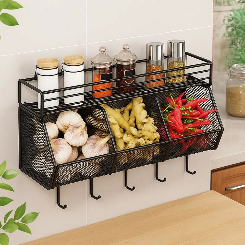 Wall Mounted Kitchen Storage Basket Carbon Steel Grid Vegetable Drainage Basket Punch-Free Spice Storage Shelf Kitchen Storage