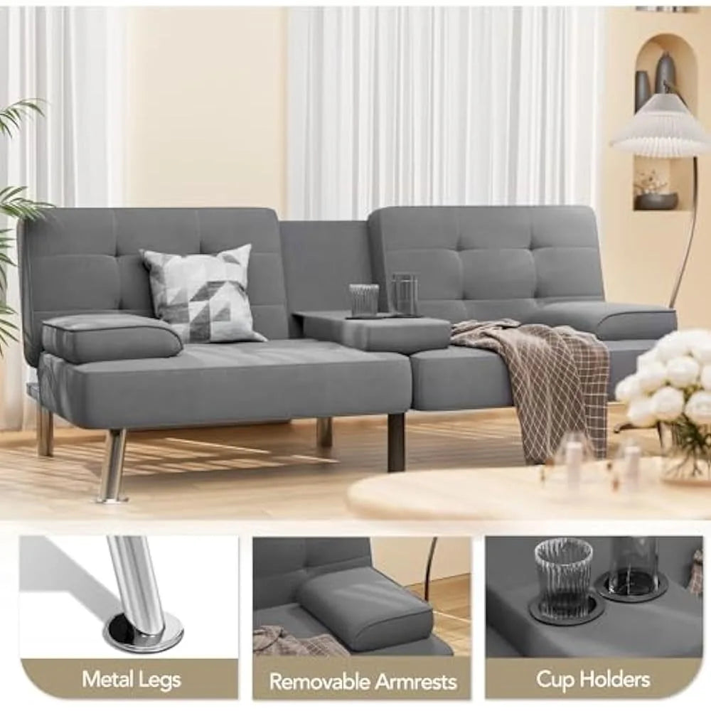 Modern Sofa Bed with Cupholders & Metal Legs