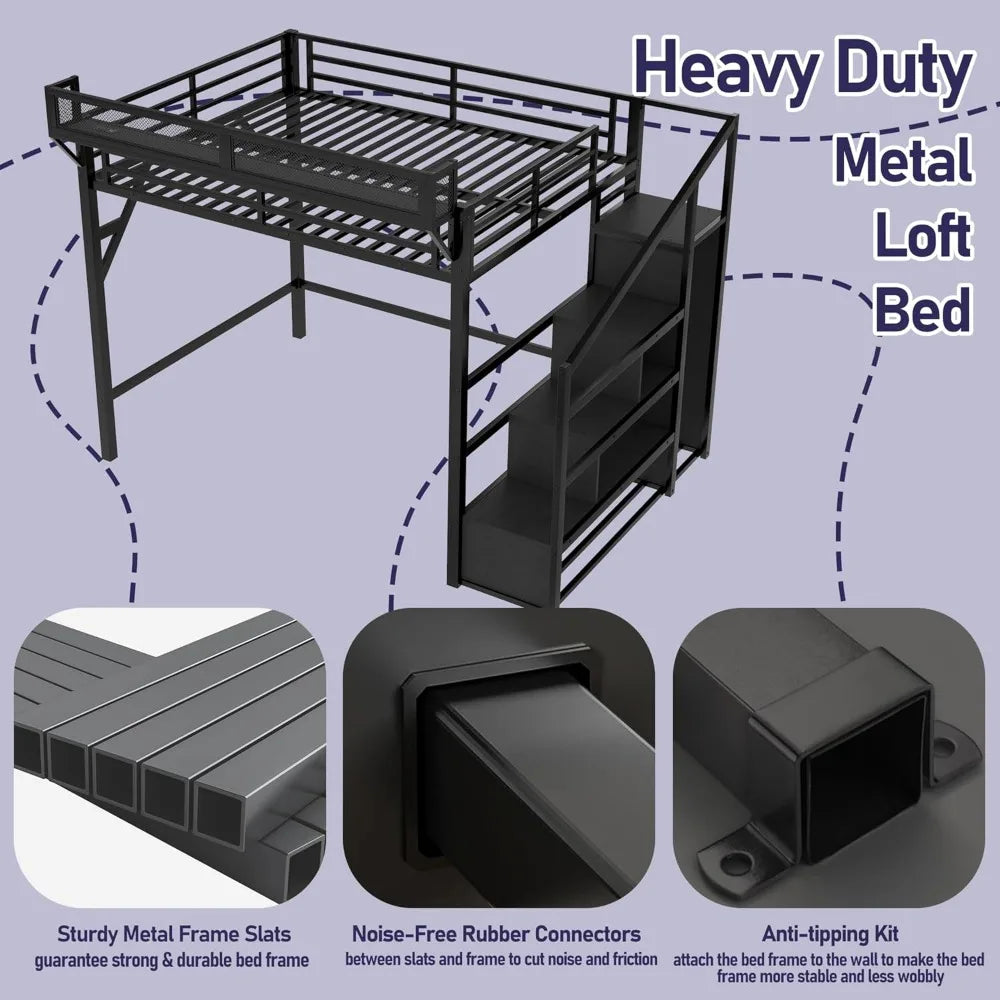Metal Queen Size Loft Bed Frame with Storage Stairs, Side Shelf, Wardrobe, USB Ports, and LED Lighting