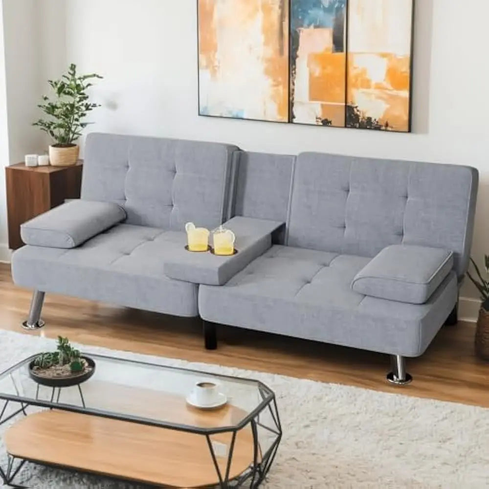 Modern Sofa Bed with Cupholders & Metal Legs