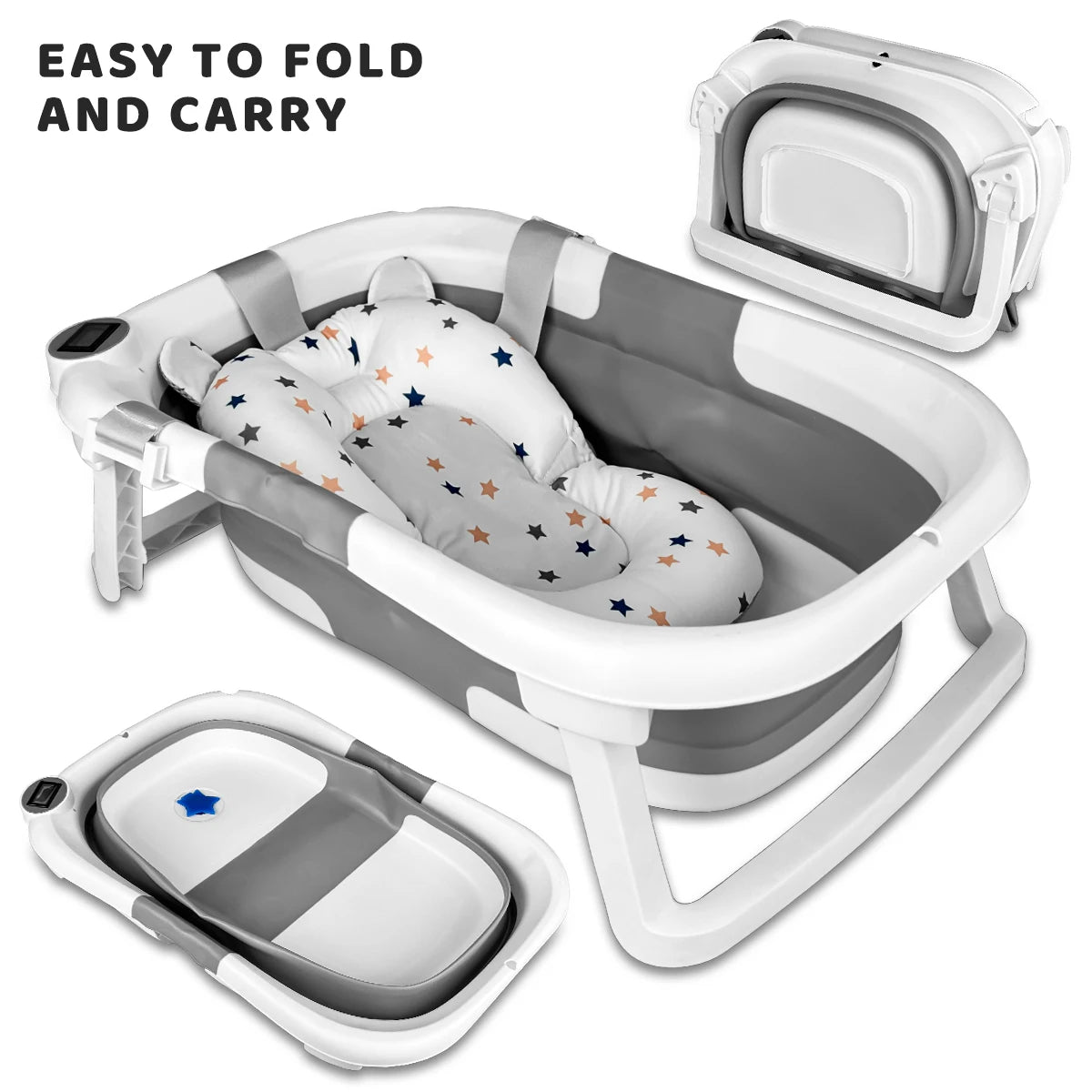 Foldable Baby Bathtub with Cushion & Thermometer