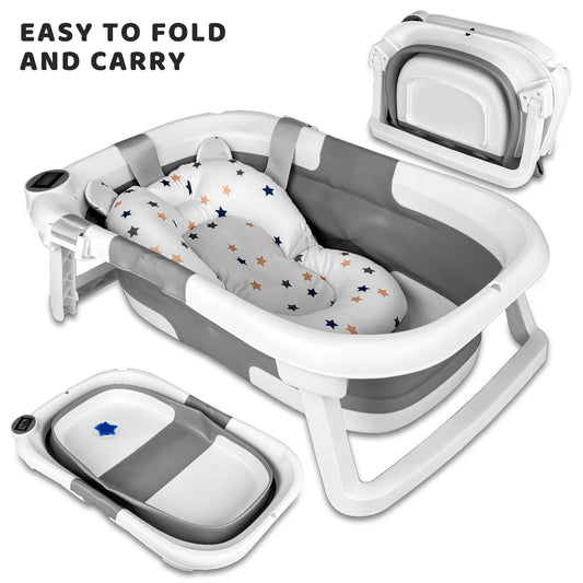 Foldable Baby Bathtub with Cushion & Thermometer