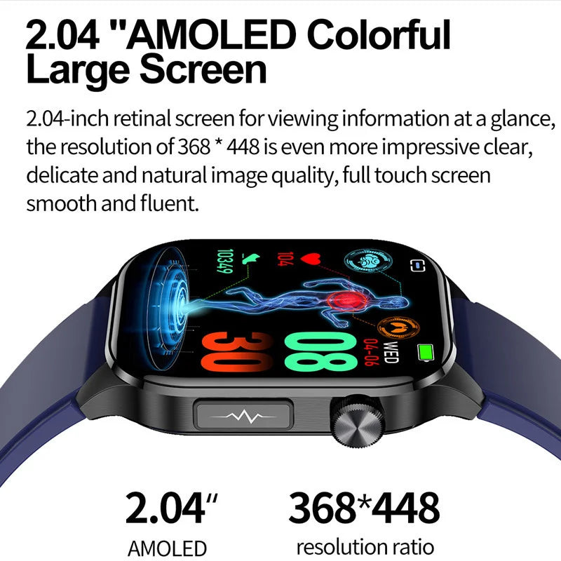 ET580 Smart Watch Men 2.04inch AMOLED Large Screen Bluetooth Call ECG Blood Pressure Oxygen Health Monitor SOS Smartwatch