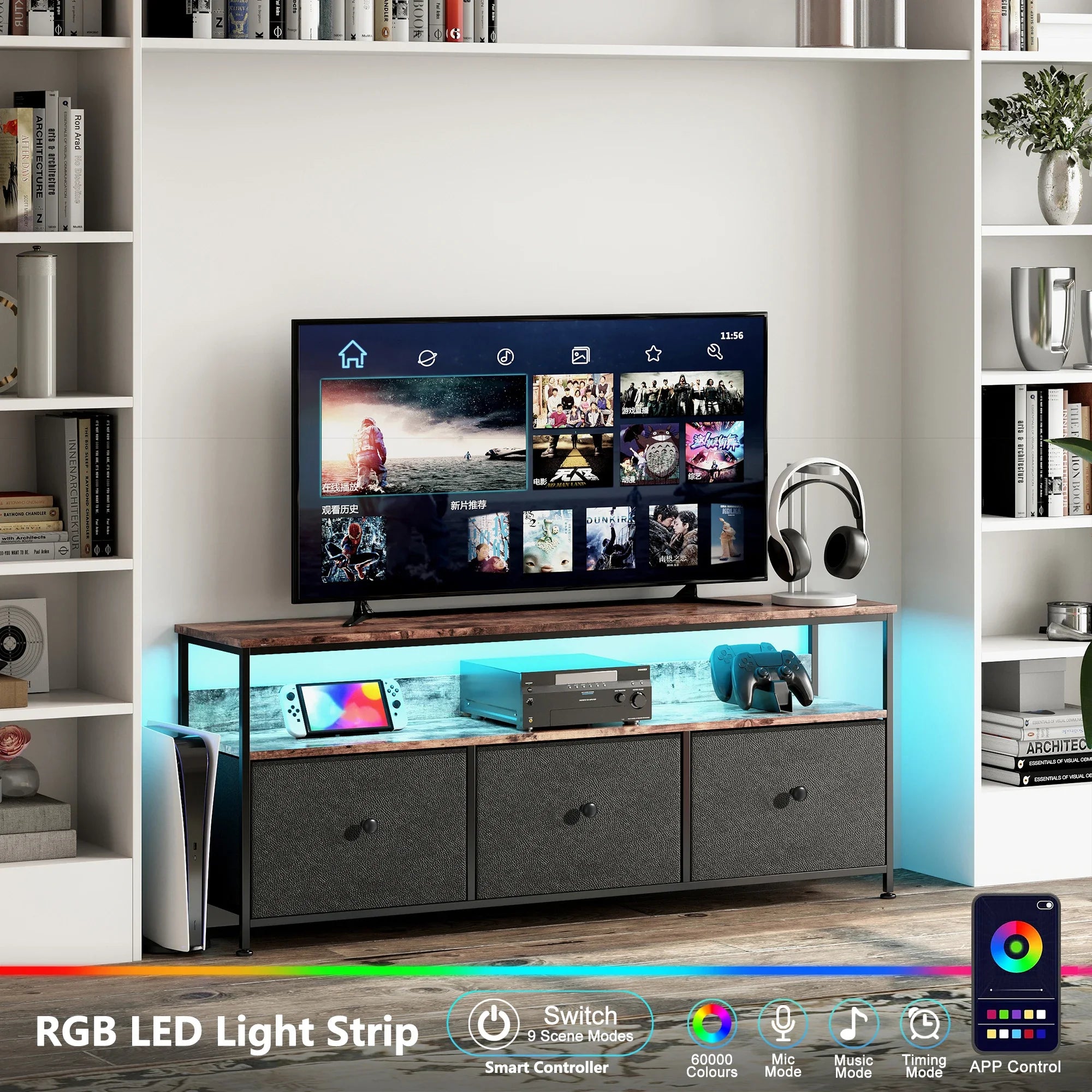 Anajqaqia TV Cabinet, LED Colour Changing TV Cabinet with 3 Drawers, TV Table, with Open Storage Space for Living Room, Bedroom