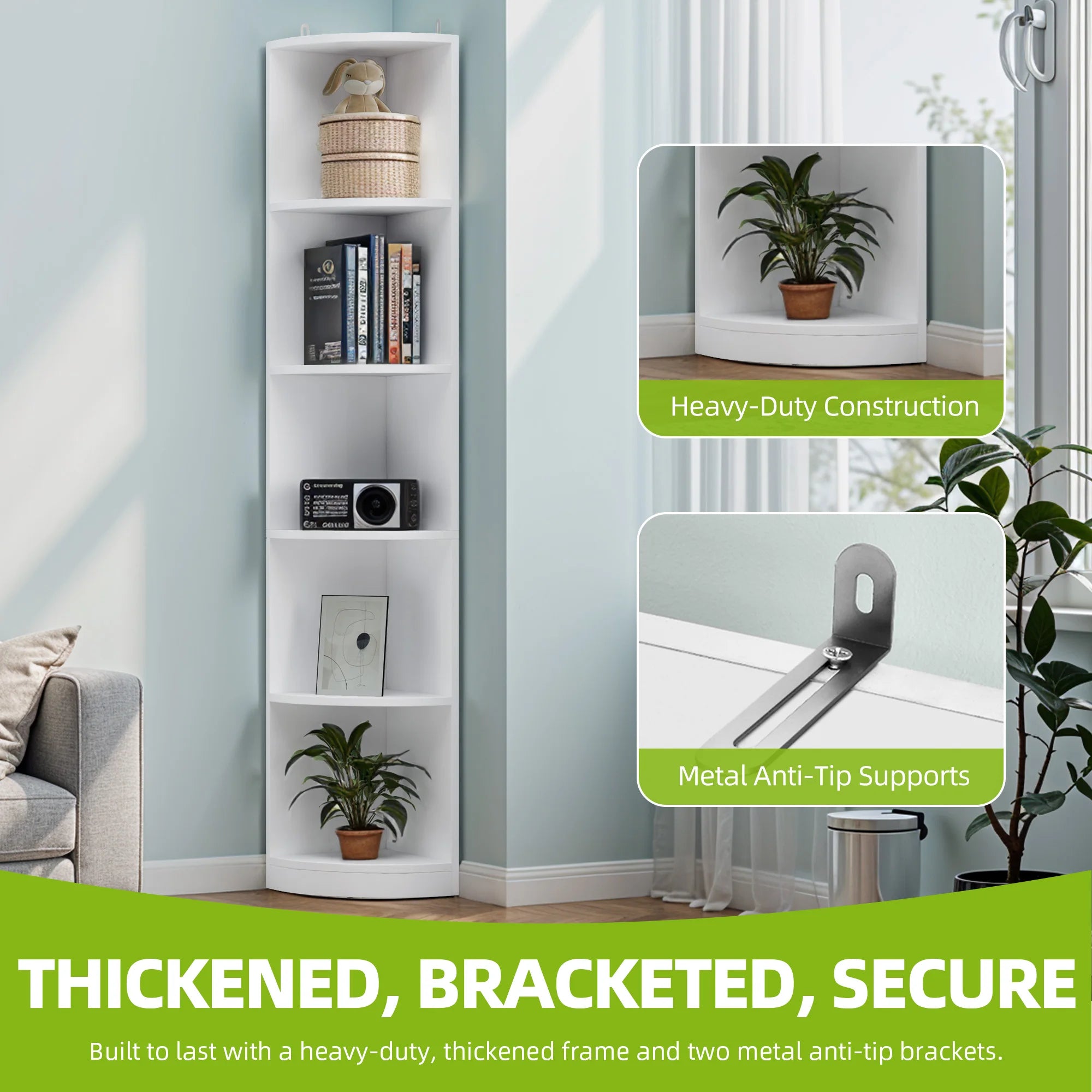 YITAHOME White 5-Tier Corner Bookcase - 30x30x180cm Wooden Shelf, Open Storage for Living Room & Office - Freestanding (White)