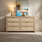 Rattan Dresser for Bedroom, 56.9" Wide 6 Drawer Dresser with Ample Storage, Dressers Large Chest of DrawersCloset, Boho TV Stand