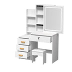 Makeup Vanity Desk with LED Lighted Mirror, Vanity Table with 4 Drawers and Opening Shelves, Bedroom Dressing Table with Stool