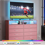 Dresser for Bedroom Pink Bedroom Dresser with LED Lights and Charging Station, 8 Long Fabric Drawers Dressers, Tall Wide Chest