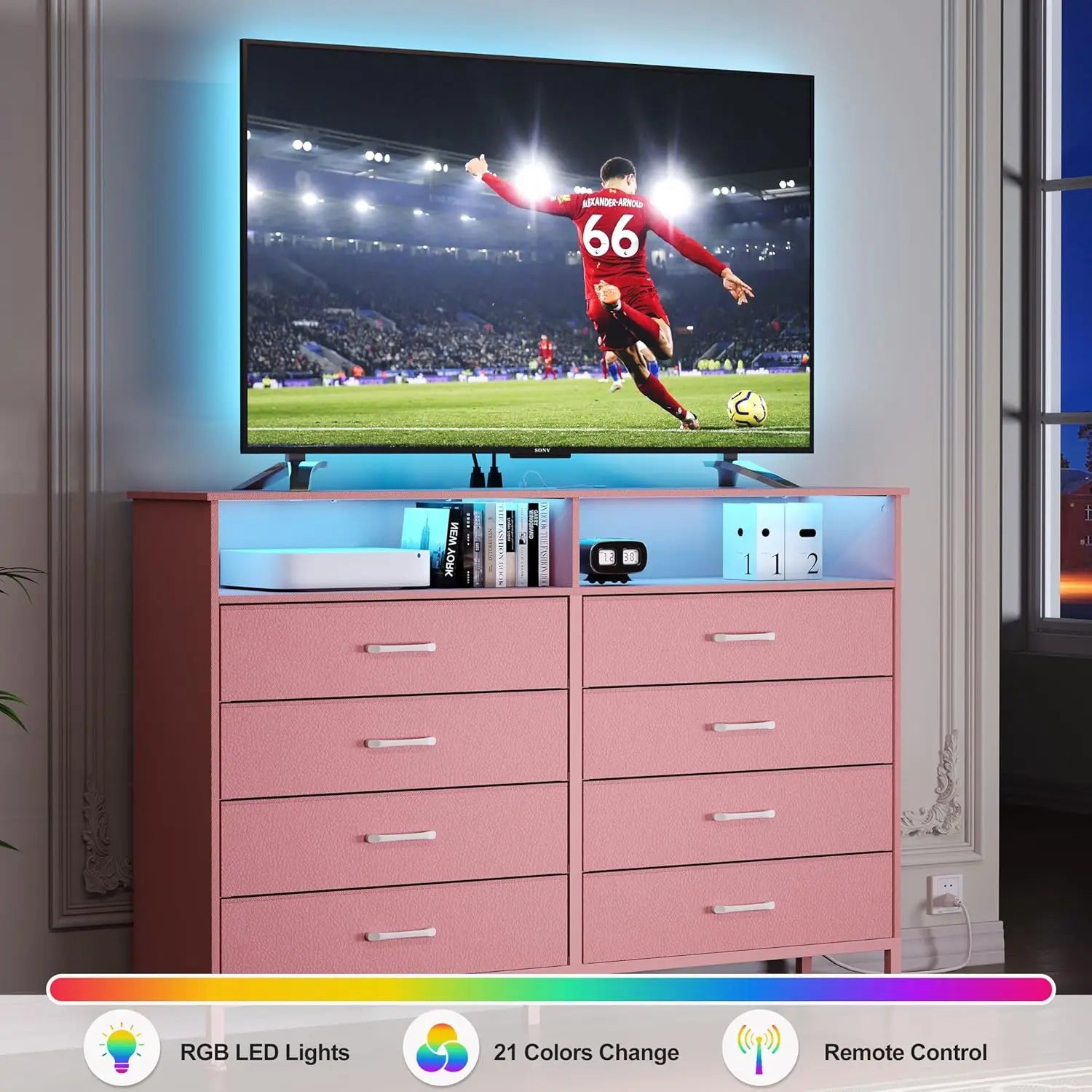 Dresser for Bedroom Pink Bedroom Dresser with LED Lights and Charging Station, 8 Long Fabric Drawers Dressers, Tall Wide Chest