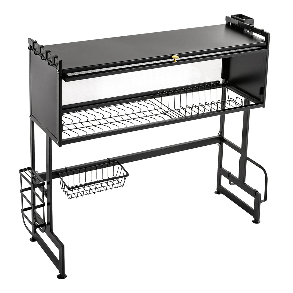 2-Tier Carbon Steel Cutlery Drainer & Dish Drying Rack | 20kg Load-Bearing, Over-Sink Mount (Black, 13.9lbs Lightweight)