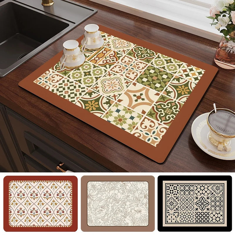 Kitchen Dish Drying Mat Quick-Dry Absorbent Dish Drying Mat Countertop Draining Pad Kitchen Sink-Side Dish Drying Mat Reusable