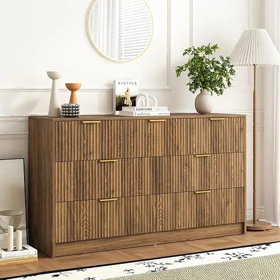 8 Drawer Dresser for Bedroom, Modern Fluted Double Dresser, 55" Wide Chest of Dressers, Mid Century Wooden Beside Table for Clos
