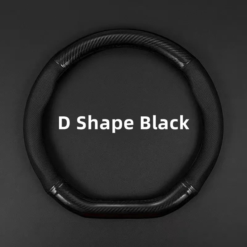 PU Leather D-shaped Steering Wheel Cover with Carbon Fiber Pattern Inner Circle – Non-Slip Sporty Grip for Car Steering Wheels