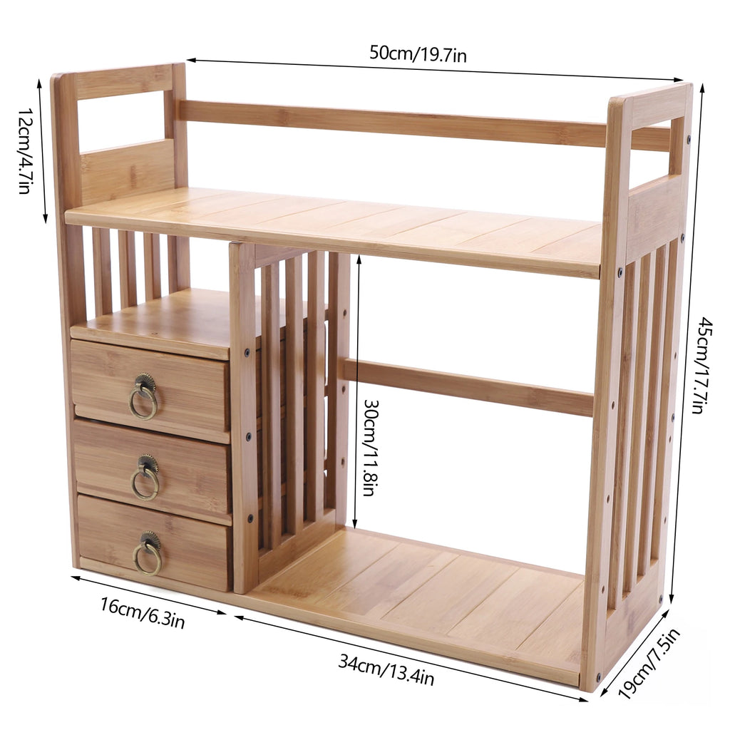 Bamboo Desktop Bookshelf with 3 Drawers, Desktop Storage Cabinet, Office Storage Organizer Student Desktop Multi-Layer Shelf