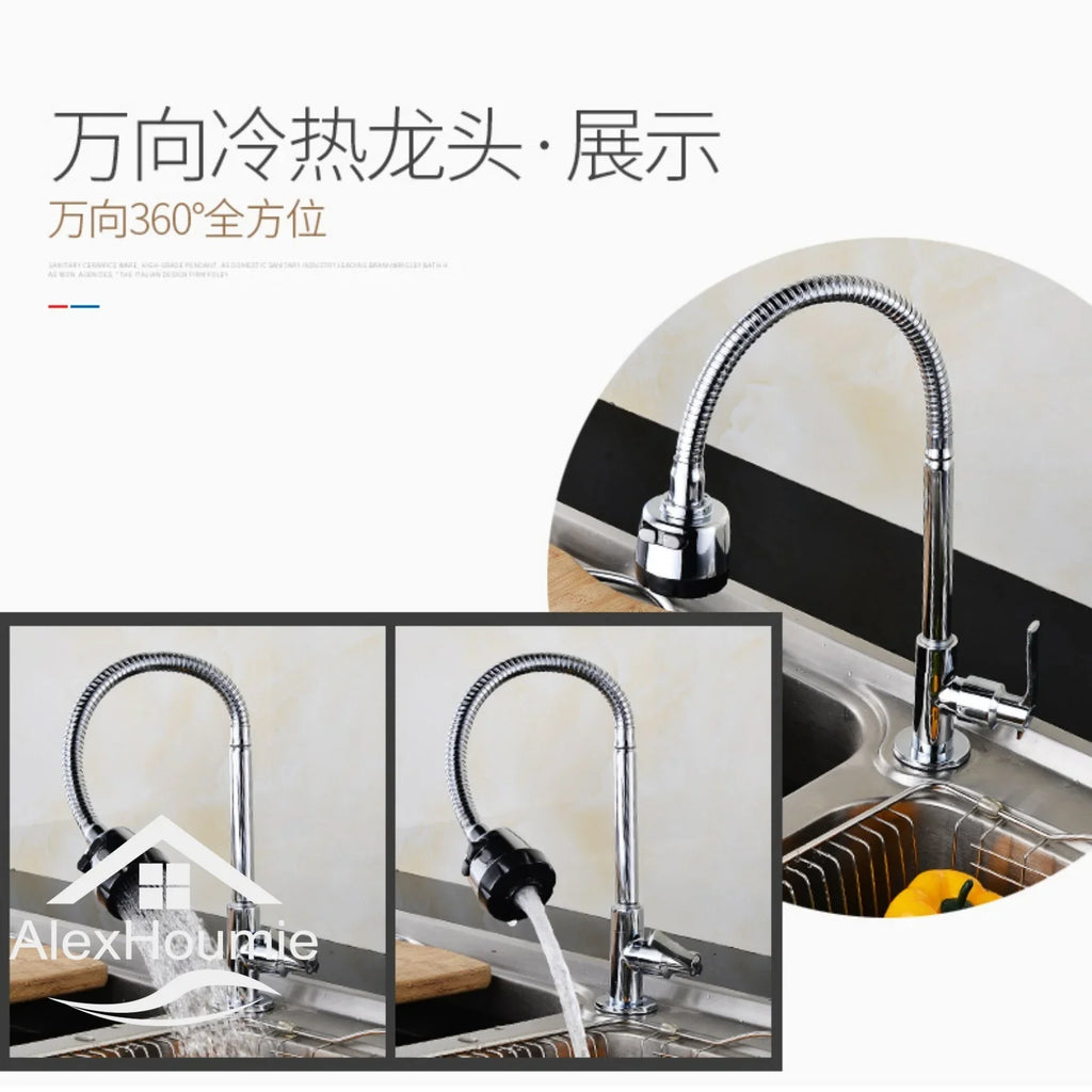 Chrome Finish Kitchen Faucet with Flexible Arc 360 Degree Rotatable Sprayer Stainless Steel Bathroom Sink Wall Mount Water Mixer