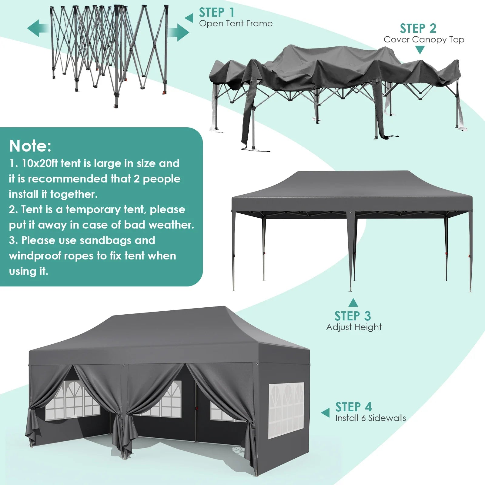 Pavilion Popup Gazebo 3x6m Waterproof Folding Gazebo Tent Party Tent with 6 Side Panels UV 50+ Height Adjustable 2-3M