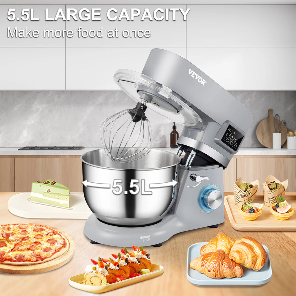 VEVOR Stand Mixer 660W Electric Dough Mixer with 6 Speeds LCD Screen Timing 5.8 Qt Stainless Steel Bowl Dough Hook Flat Beater