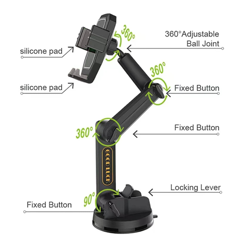 Car Windshield Dash Board Phone Holder 360 Degree Rotation Long Arm Gps Holder Strong Suction Cup Dashboard Nrack