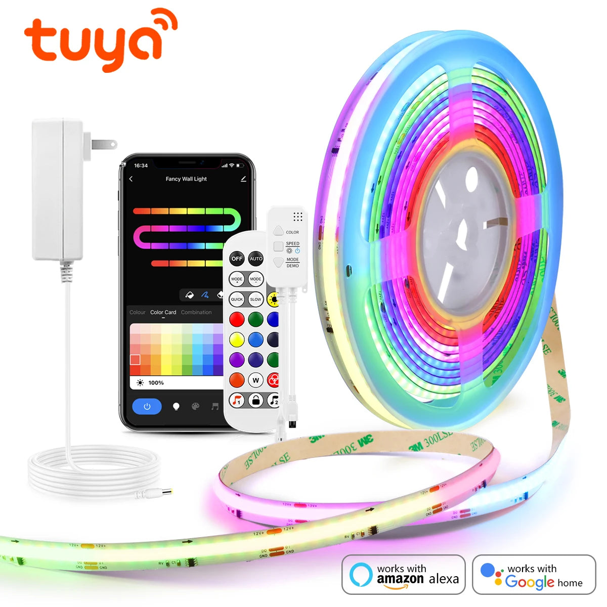 Tuya Smart WiFi Switch WS2811 COB RGBIC RGB LED Strip Light 12V Power Adapter Plug Dimmable Lamp LED Tape for Room Kitchen Decor