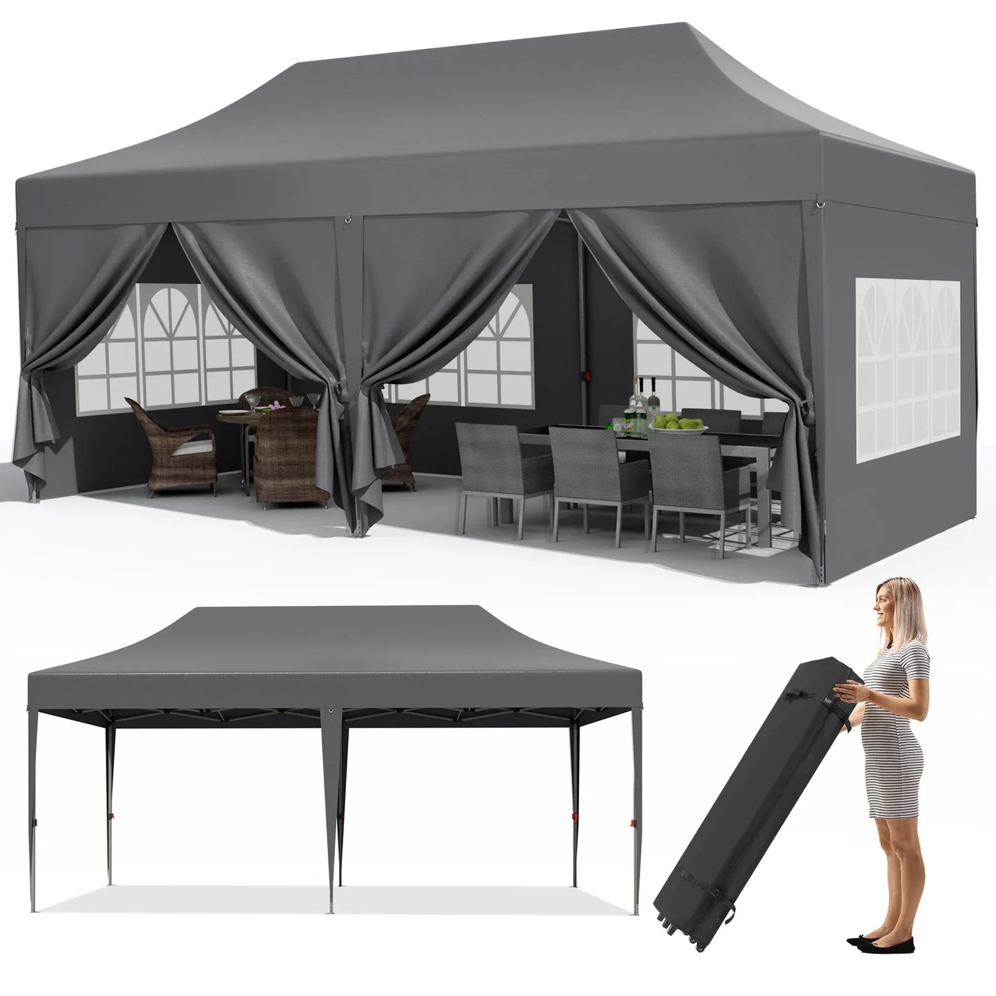 Pavilion Popup Gazebo 3x6m Waterproof Folding Gazebo Tent Party Tent with 6 Side Panels UV 50+ Height Adjustable 2-3M