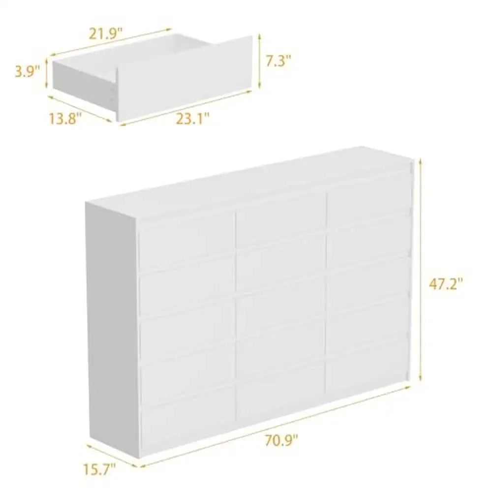 15 Drawer Modern White Dresser 70.9" Chest of Drawers Hidden Handle Design Ample Storage Space Sturdy MDF Construction Smooth