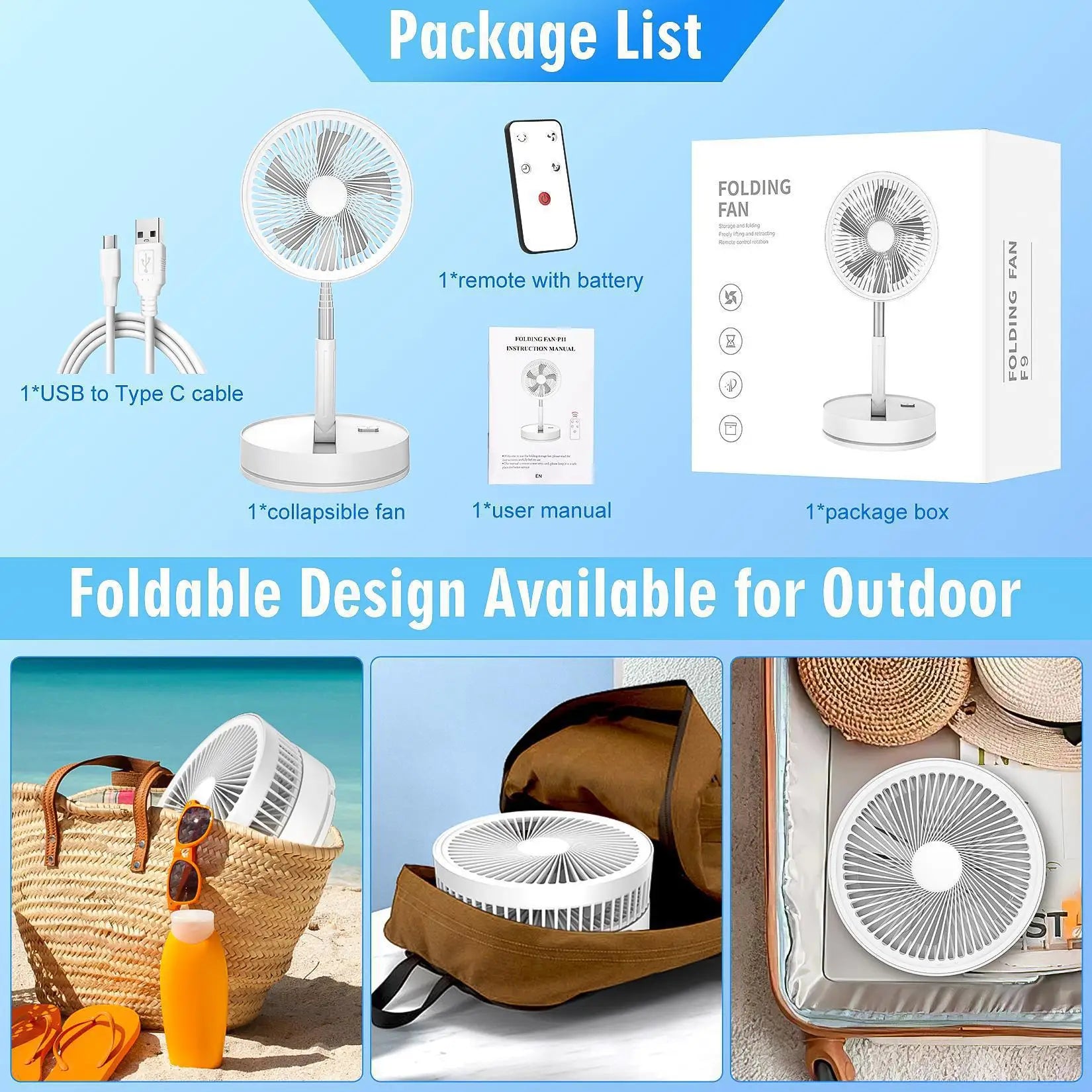 Wireless Folding Desk Fan Telescopic Outdoor Travel Camping Floor Low