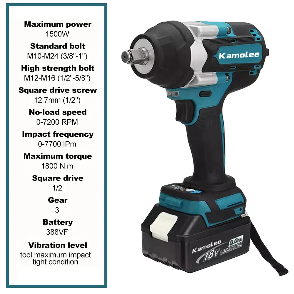Kamolee DTW700 1800NM Cordless Impact Wrench Brushless 18V 1/2" For Car/Truck Repair