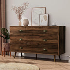 Dresser for Bedroom with 6 Drawers, Mid Century Modern Dresser with Gold Handles, Wooden Dressers & Chest of Drawers Organizer
