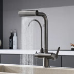 Waterfall Faucet Multi-functional 4 Mode pure Hot Cold Water Kitchen Faucet Sprayer Sink Wash Tap 360° Rotation gun gray Brushed