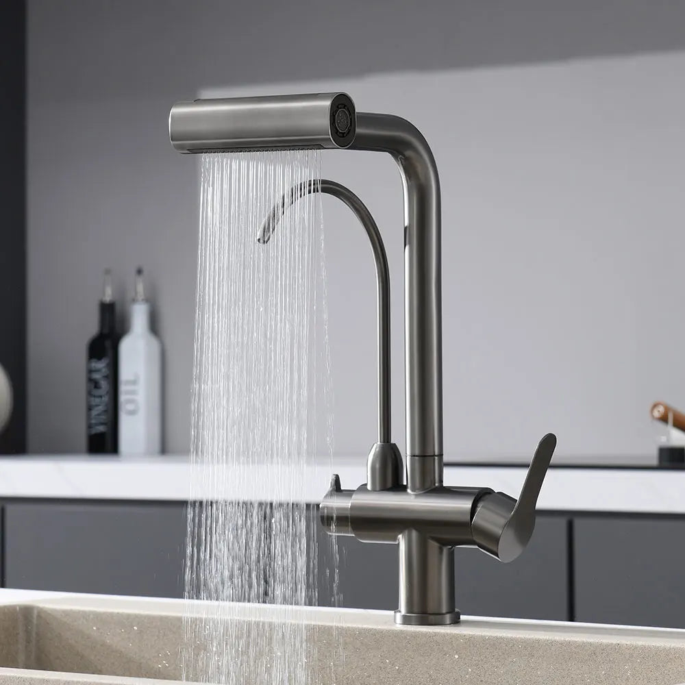 Waterfall Faucet Multi-functional 4 Mode pure Hot Cold Water Kitchen Faucet Sprayer Sink Wash Tap 360° Rotation gun gray Brushed