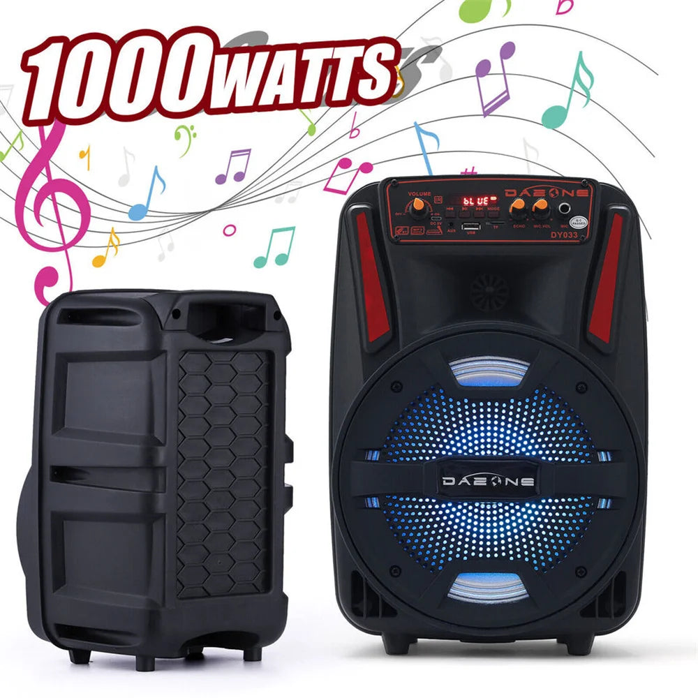 1000W Portable Bluetooth Speaker 8" Subwoofer Heavy Bass Sound System Party With Remote and Mic Led Light DJ karaoke Speaker