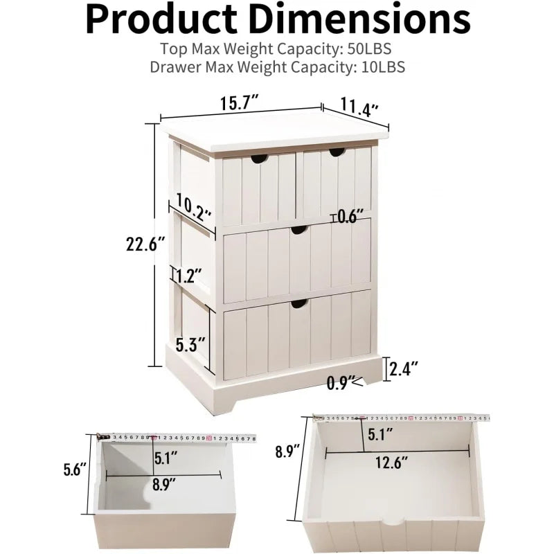 White Nightstand with 4 Drawers, Modern Bedside Table with Storage, Wooden Dresser for Bedroom, Night Stand with Drawers, Sturdy