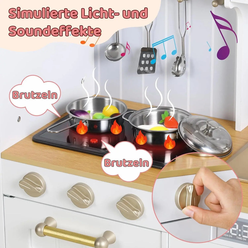 Children's Wooden Kitchen Toy for Children Play Kitchen with Simulated Light and Sound Effects, Doll Kitchen with Accessories