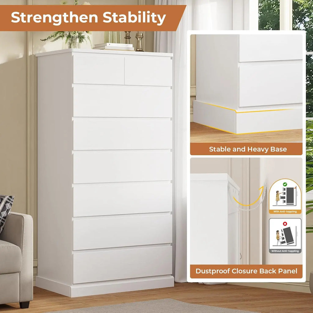 White Tall Dresser for Bedroom with 8 Drawers, 59.6" Tall Dressers & Chests of Drawers, Modern Wood Closet Organizer and Storage