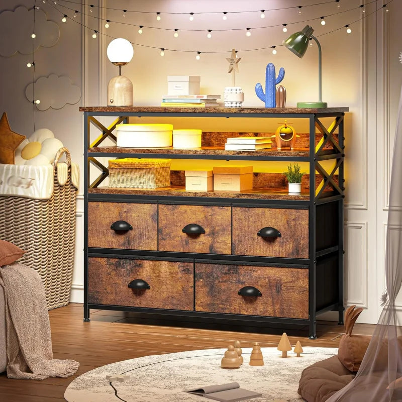 TV Stand 50" TV, Sturdy Dresser for Bedroom with 5 Fabric and Wood Open Shelves, Dressers & Chest of Drawers