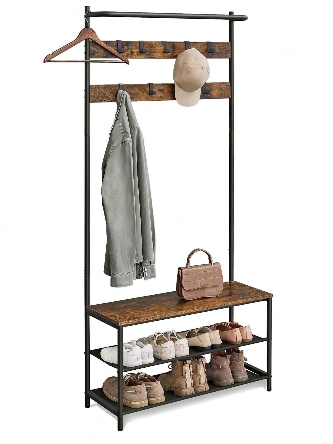 VASAGLE Coat Rack with Shoe Storage, Hall Tree Bench, 9 Hooks, Top Bar, 32.2 x 84 x 180 cm, Bedroom Organizer