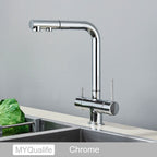 Chrome Brass Pull Out Filtered Kitchen Faucet Dual Handle Hot Cold Drinking Water 3-Way Filter Purification Mixer Taps