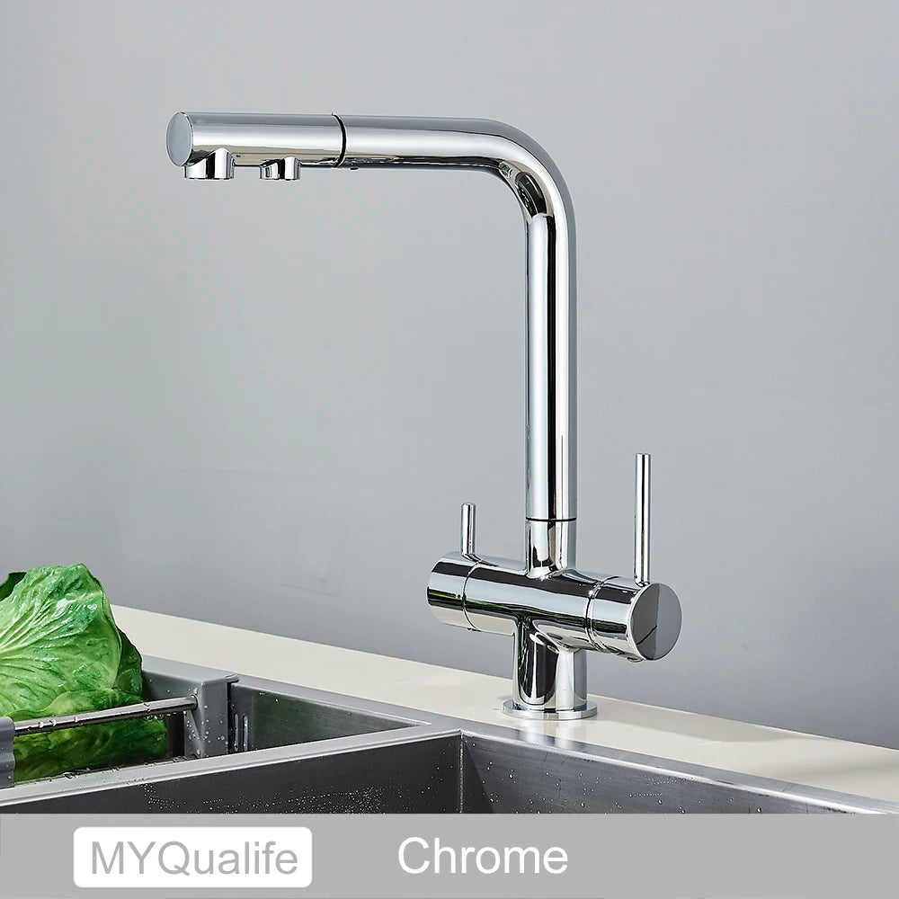 Chrome Brass Pull Out Filtered Kitchen Faucet Dual Handle Hot Cold Drinking Water 3-Way Filter Purification Mixer Taps